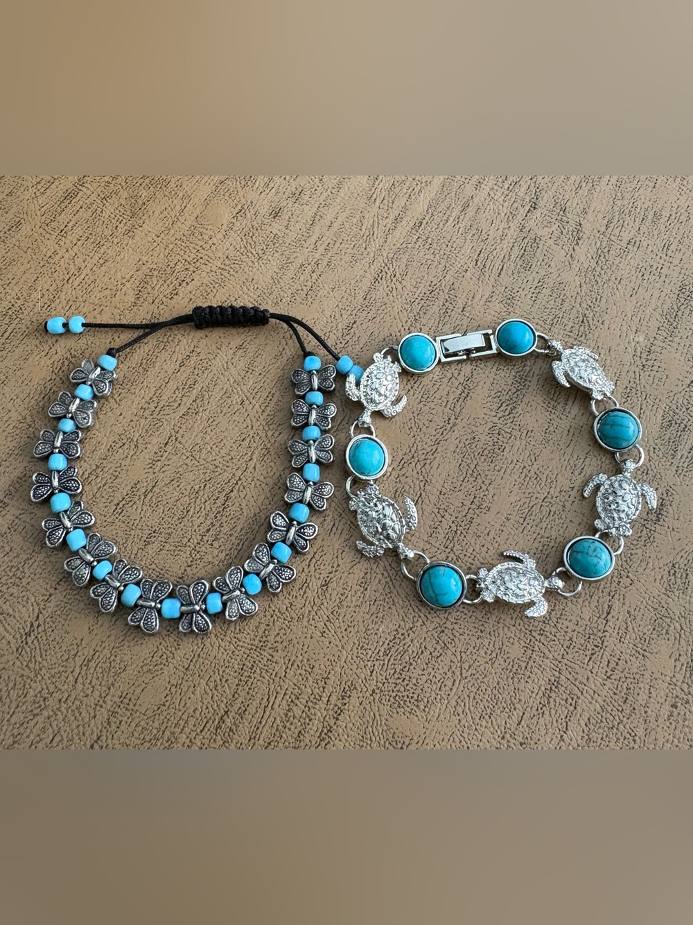 Turquoise Beaded Flower/Turtle Bracelet Set - Women Jewelry